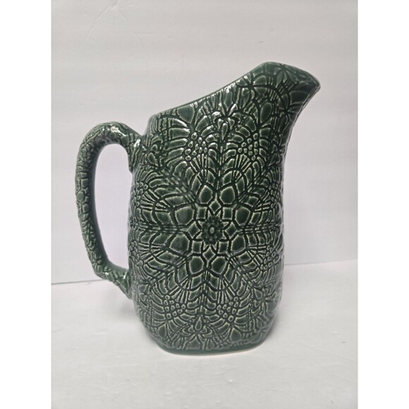 Vintage Beaver Farm Pottery Floral Green Water Pitcher  Iced Tea Floral Design - Picture 3 of 11